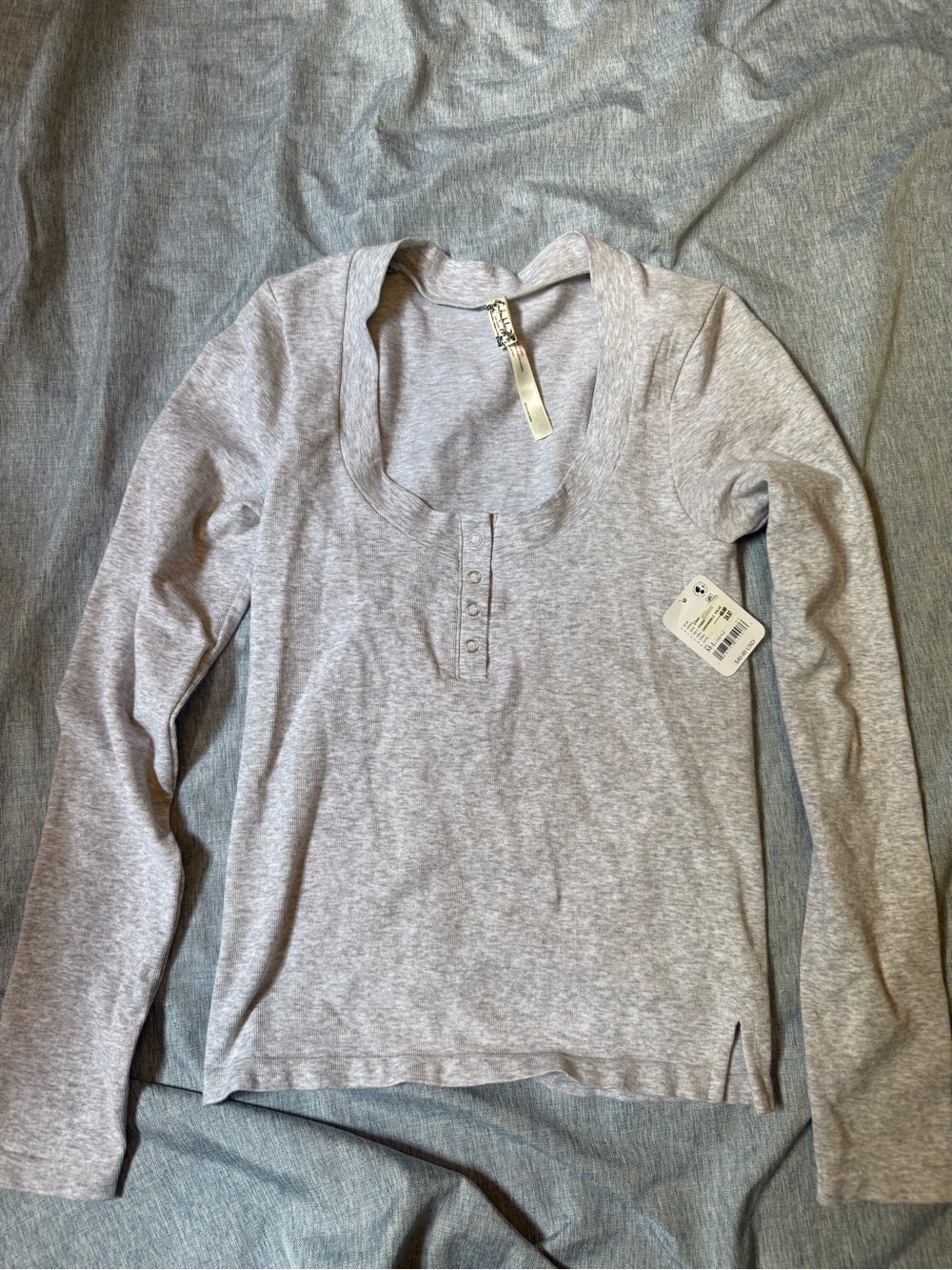 Free People Heather Gray Henley Scoop Long Sleeve Top